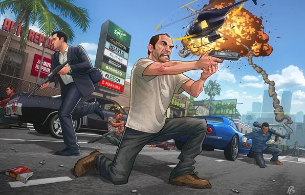 Picture art, Michael, Patrick Brown, Trevor, Franklin, GTAV