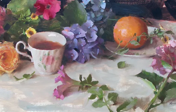 Flowers, tea, rose, oranges, picture, Cup, fruit, still life
