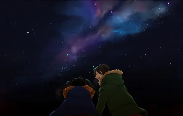 The sky, girl, stars, night, scarf, jacket, guy, kagerou project