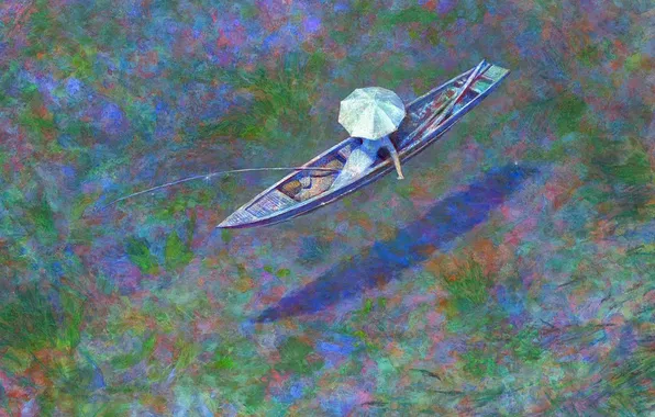 Water, girl, river, boat, umbrella, rod, Naohisa Inoue, paddle