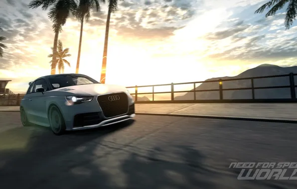 Road, mountains, palm trees, race, Need for Speed world, Audi A1