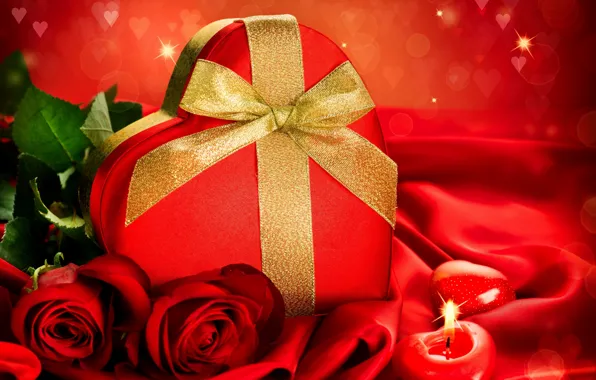 Picture flowers, box, gift, heart, roses, candle, candy, Valentine's Day