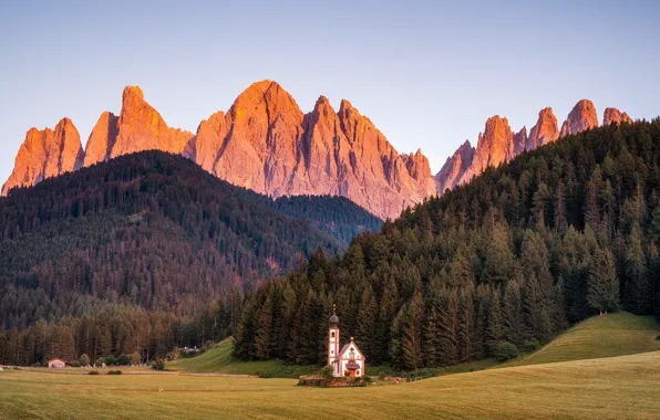 Picture Alps, light, mountains, Church, tops, ate, field, the sky