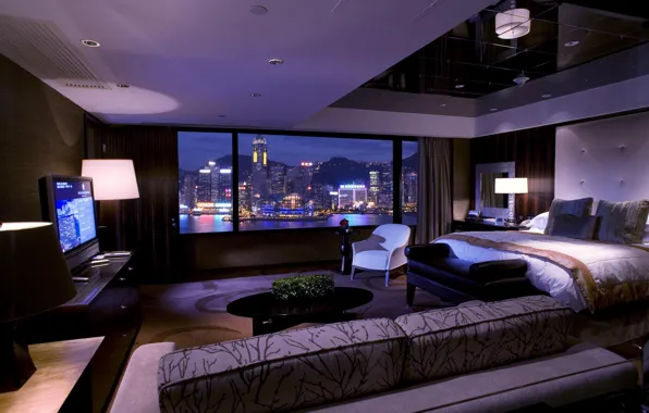 City, lamp, sofa, bed, TV, window, curtains, bedroom