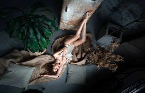Pose, model, plants, pillow, makeup, figure, refrigerator, hairstyle