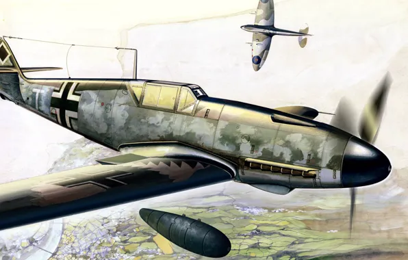 Figure, art, Messerschmitt, Me-109, dogfight, Supermarine Spitfire, Luftwaffe, drop tank