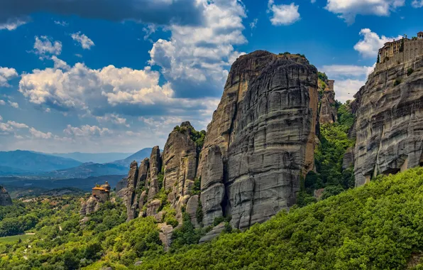 The sky, mountains, vegetation, valley, meteora