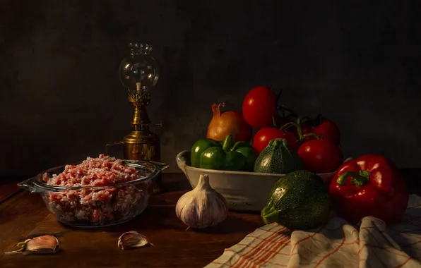 Light, retro, the dark background, table, lamp, towel, bow, meat