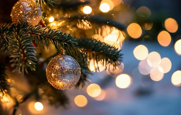 Snow, New year, Tree, Bokeh, Christmas decorations, Garland