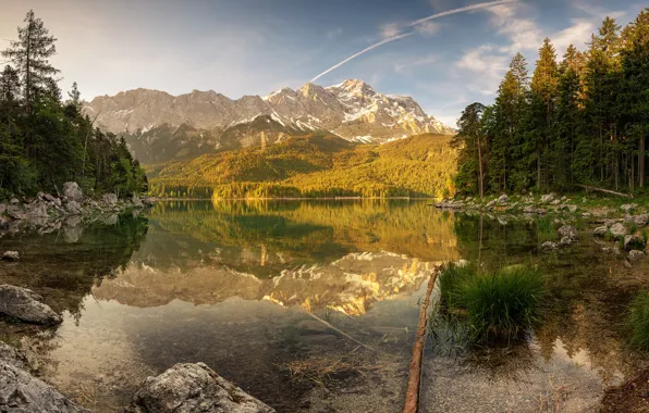 Autumn, forest, the sky, clouds, light, trees, lake, reflection