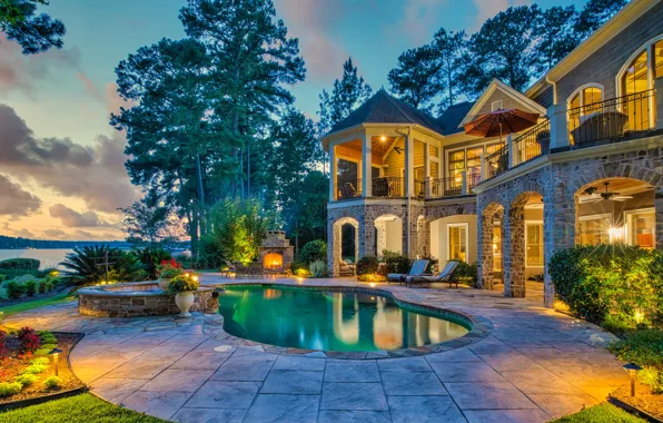 Flowers, Villa, the evening, pool, lighting, oven, architecture, terrace
