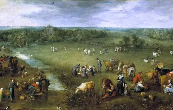 Picture animals, landscape, house, stream, people, picture, Jan Brueghel the elder, The Life Of A Flemish …