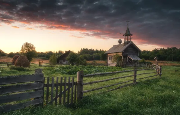 Picture landscape, clouds, nature, house, village, the fence, Church, national Park