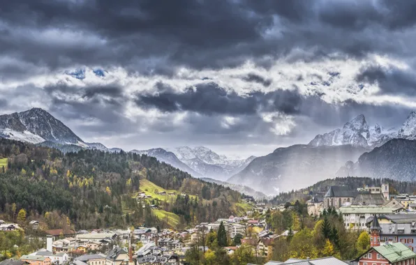 Picture Mountains, The city, Forest, Bayern, Alps, Landscape, Berchtesgaden