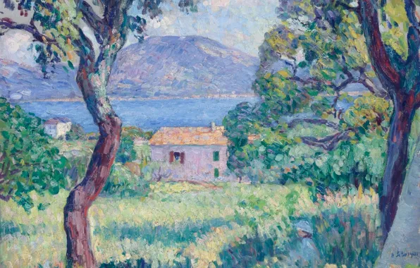 Sea, trees, landscape, mountains, house, picture, Henri Lebacq, View of Esterel