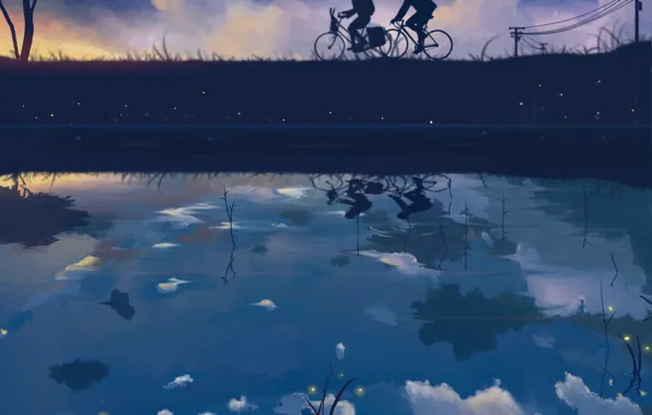 The sky, girl, stars, clouds, bike, reflection, fireflies, wire