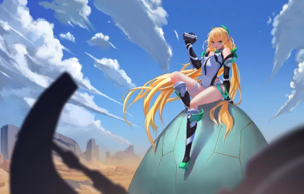 Picture the sky, girl, clouds, desert, anime, art, ruins, expelled from paradise
