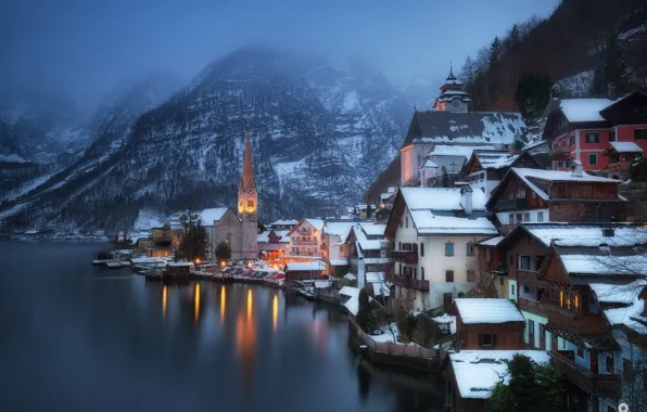 Picture winter, snow, mountains, the city, lights, lake, shore, home