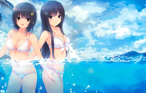Swimsuit, the sky, water, clouds, bubbles, two girls, Shiramine Rika, Aoyama Sumika