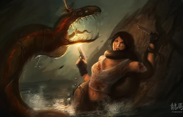 Water, girl, gun, weapons, blood, stone, monster, shot