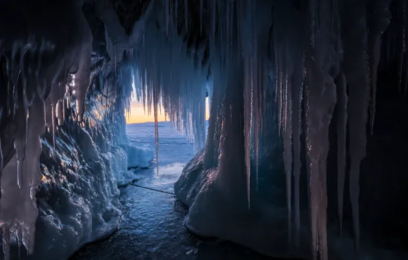 Sunset, nature, lake, ice, icicles, Baikal, cave