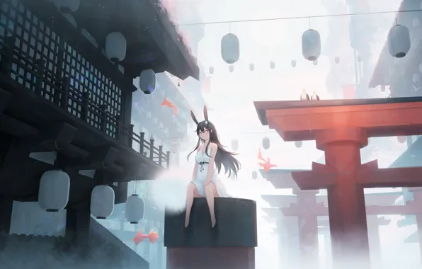 Girl, fog, home, lanterns, ears, torii