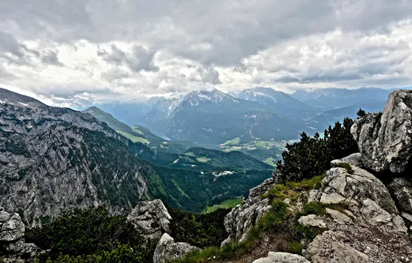 The sky, clouds, trees, mountains, stones, rocks, height, valley