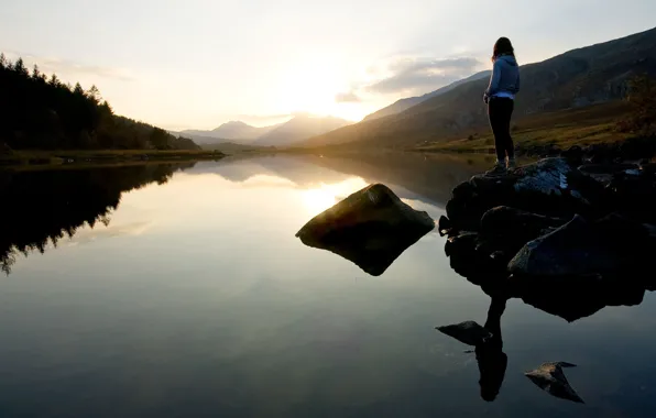 Picture the sky, girl, clouds, sunset, mountains, lake, mood, quiet
