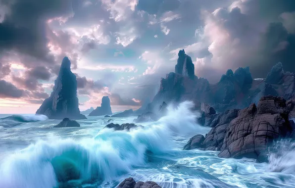 Sea, wave, the sky, clouds, storm, stones, rocks, shore