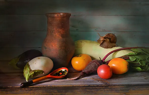 Eggplant, spoon, dishes, pitcher, still life, vegetables, tomatoes, beets
