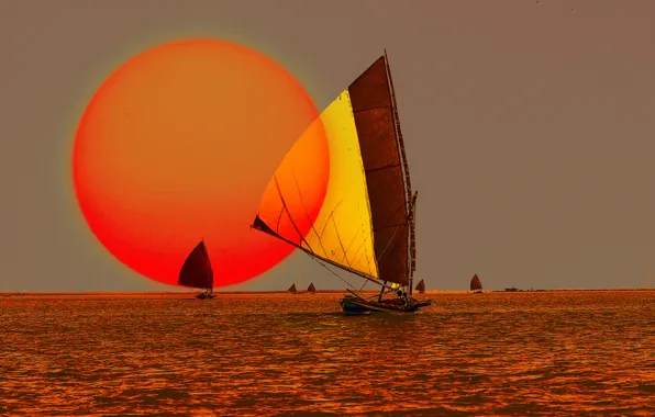 Sea, the sky, the sun, sunset, boats, sail