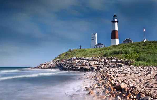 Wallpaper USA, stones, horizon, the sky, lighthouse, sea, coast, New York