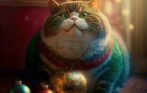 Cat, cat, look, balls, pose, ball, red, Christmas