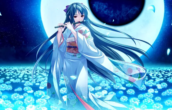 Girl, flowers, night, the moon, kimono, flute, musical instrument, tsukumo no chickens