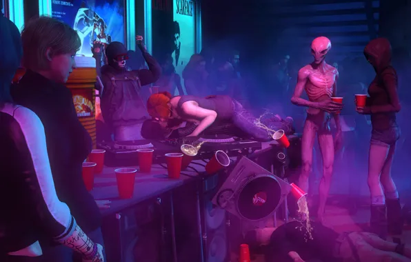 Girl, ufo, alcohol, alien, party, X-com