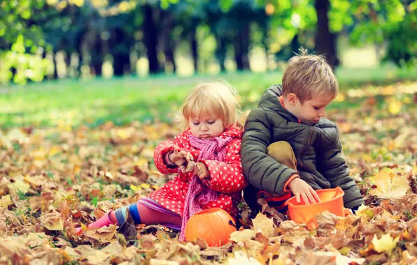 Autumn, leaves, children, boy, girl, play, girl, friends