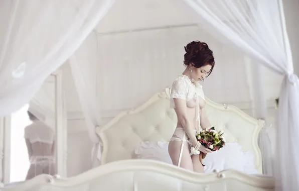 Chest, flowers, sexy, body, bed, bouquet, beauty, linen