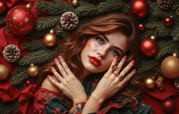 Girl, balls, pose, hands, Christmas, New year, herringbone, needles
