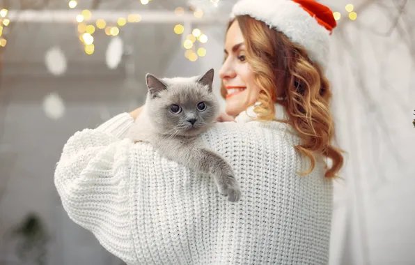 Cat, girl, smile, Christmas, New year