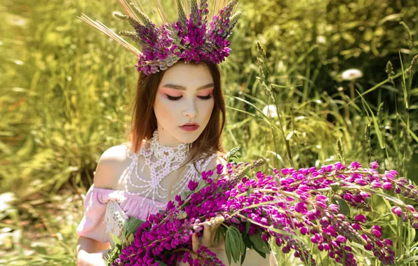 Girl, flowers, crown, makeup, wreath, lupins