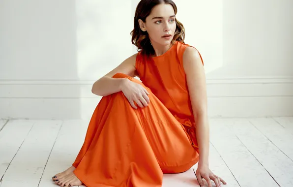 Picture pose, look, Emilia Clarke, on the floor, actress, girl, photo, dress