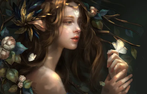 Picture look, girl, flowers, nature, butterfly, hair, fantasy, ears