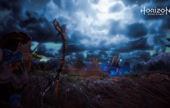 The sky, Girl, Grass, Robot, The moon, Fur, Bow, Hunting