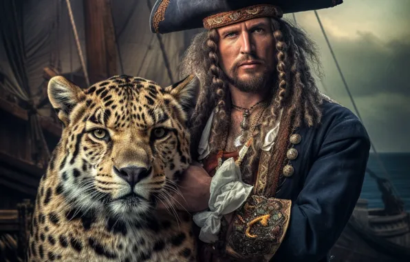 Pirate, leopard, image, male, headdress, AI art, neural network