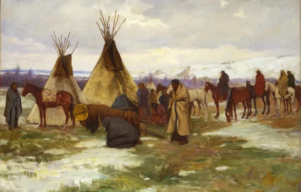 Picture wintering, Joseph Henry Sharp, of a Crow Chief, Burial Cortege