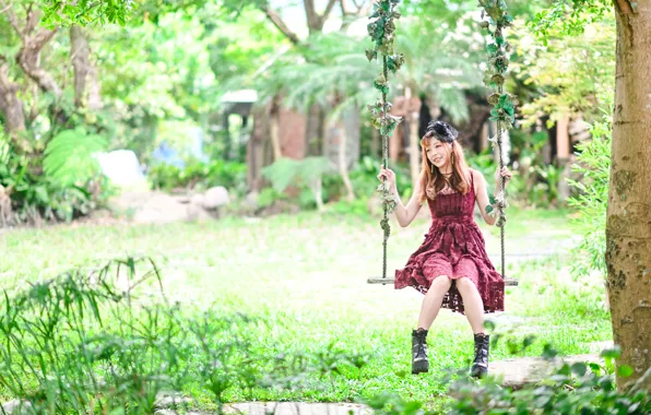 Picture grass, trees, pose, swing, model, portrait, makeup, garden