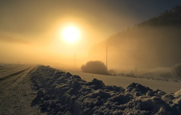 Picture winter, road, night, fog