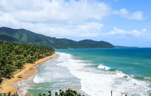 Sand, sea, beach, the sky, the sun, clouds, mountains, tropics