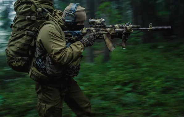 Forest, backpack, infantryman, shooter, AK-74M