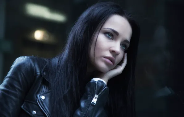 Portrait, makeup, brunette, jacket, hairstyle, beauty, in black, kozhanka